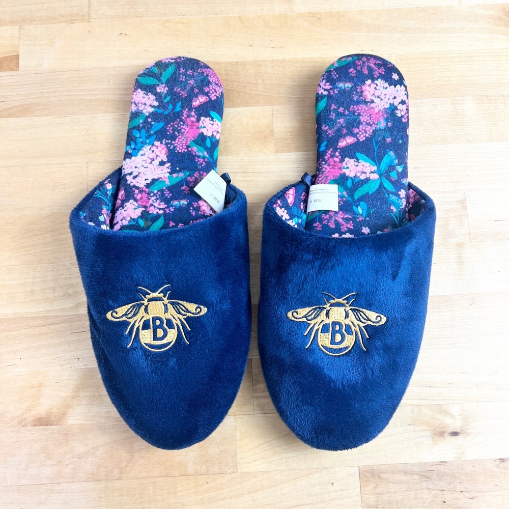 Bridgerton Slippers Bee Embroidered Floral Insole Women Size 11 Navy Blue Plush‎